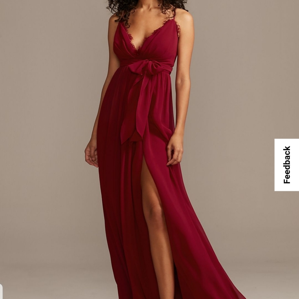 Lace trim spaghetti strap chiffon dress with sash. Size 15 color wine.